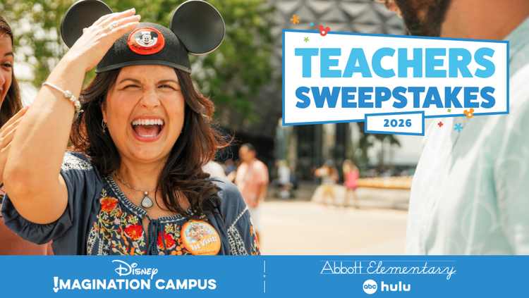Two people outdoors, an older hispanic woman wearing Mickey Mouse ears and a '1st Visit!' button. Background includes greenery and blurred crowd. Overlaid text reads 'Teachers Sweepstakes 2026' with logos for Disney Imagination Campus and ABC Abbott Elementary.