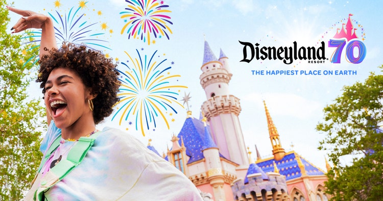Young girl posing in front of Sleeping Beauty's Castle at the Disneyland Resort with decorative 70th Anniversary Celebration graphics overlaid.