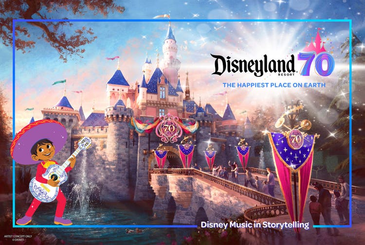 Artist rendering of Sleeping Beauty Castle at the Disneyland Resort decorated for the 70th anniversary celebration with an overlay that reads "Disney Music in Storytelling".