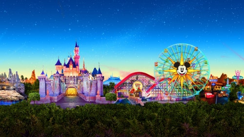 An illustration of iconic landmarks and attractions from the Disneyland Resort including the Haunted Mansion, the Millennium Falcon, Sleeping Beauty Castle, the Incredicoaster, the Pixar Pal A Round Ferris wheel, Cars Land, Avengers Headquarters and the Guardians of the Galaxy Mission Breakout tower