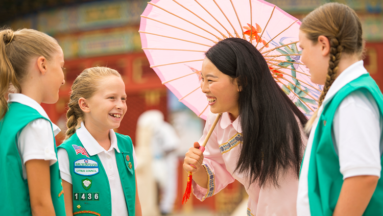 Girl Scouts troop in the China Pavillion at Epcot's World Showcase.