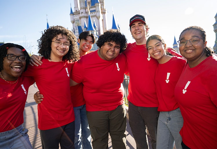 6 students gathered together with Cinderella Castle in the distance